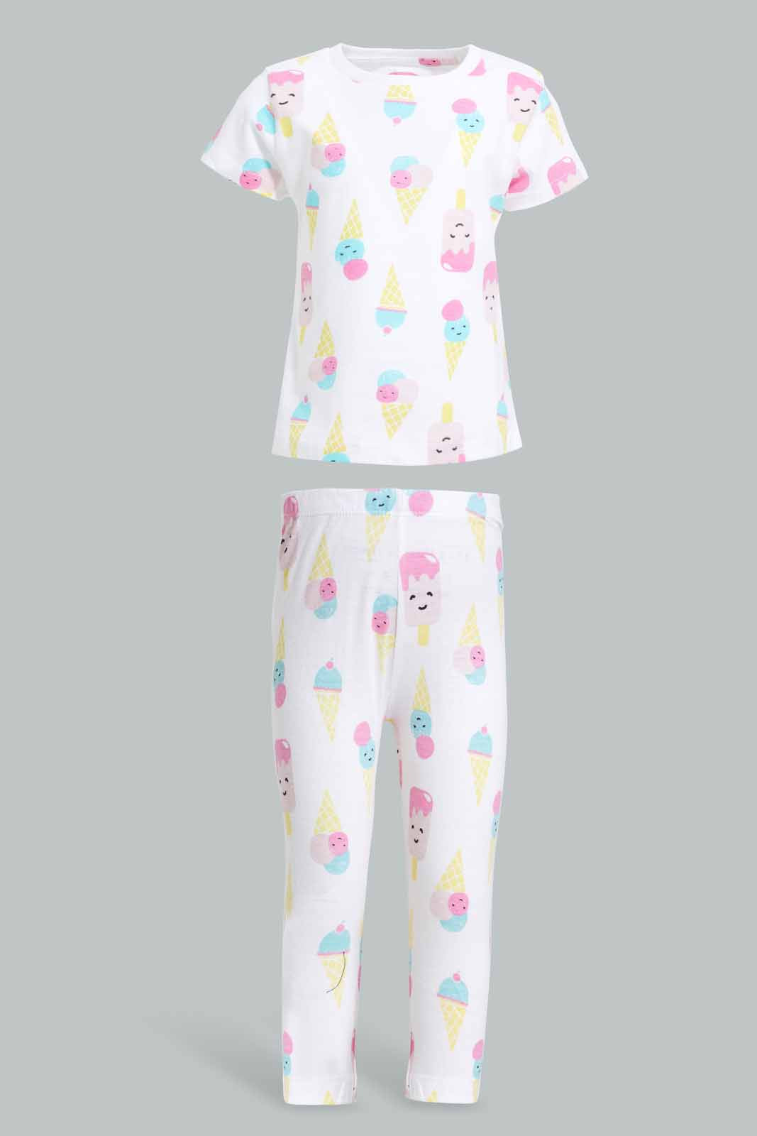 

White Ice cram Print Pyjama Set Set For Baby Girls (2 Piece