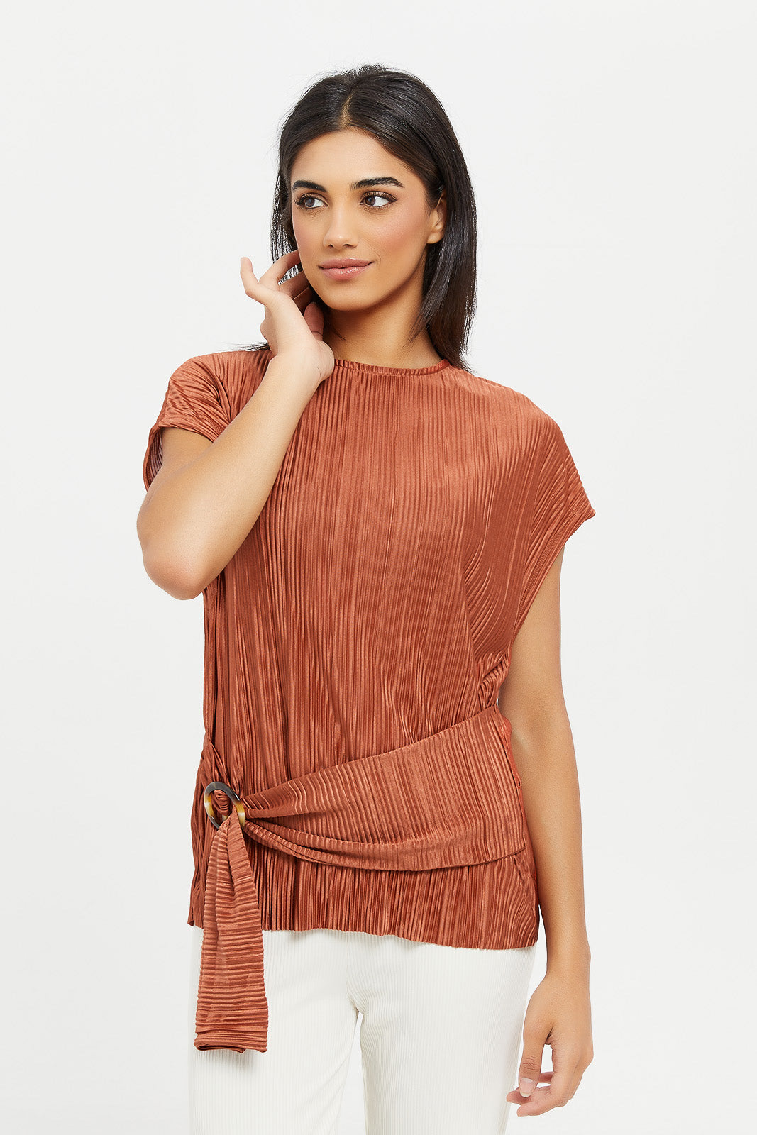 

Women Brown Belted Plisse Top