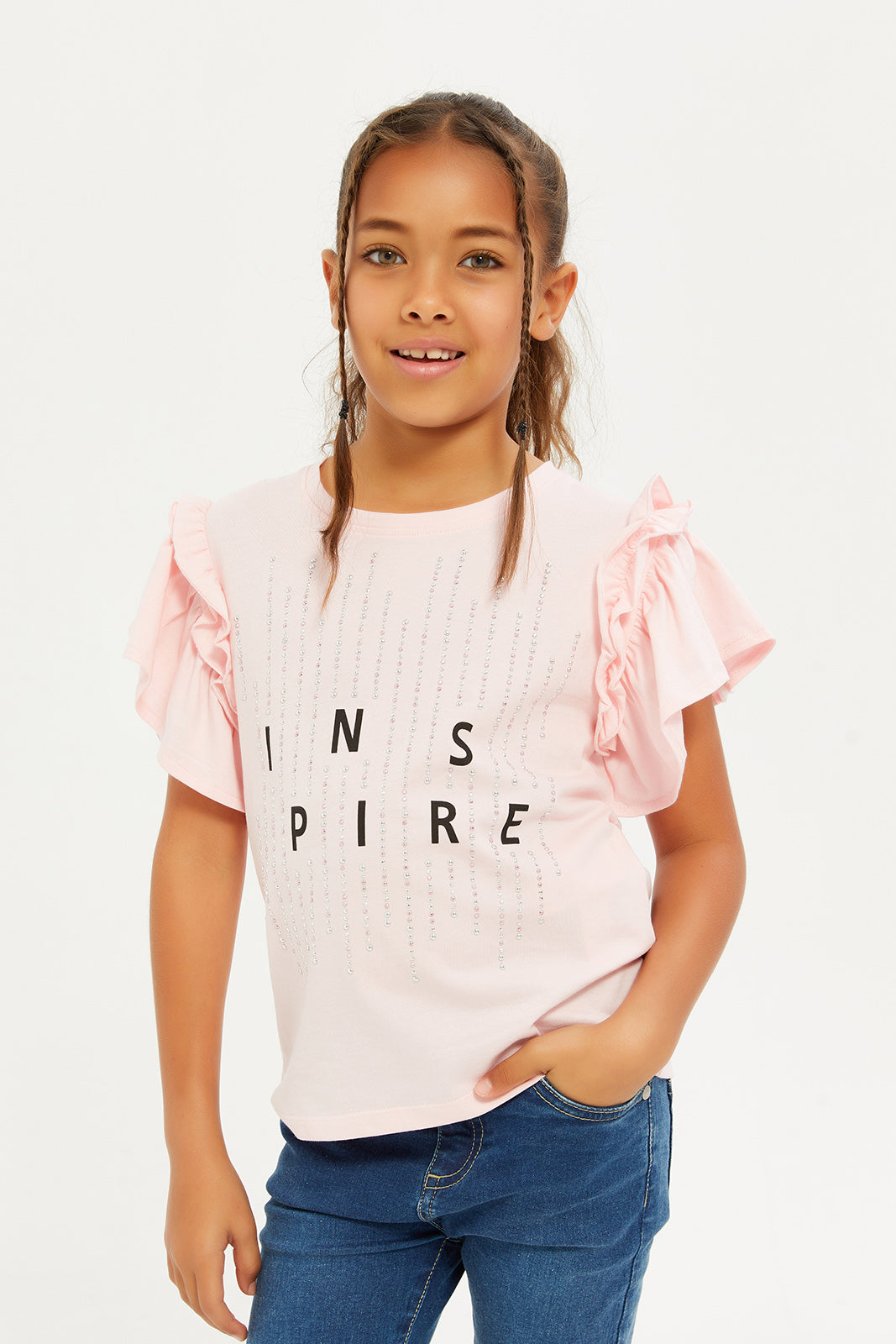 

Girls Pink Embellished With Studs T-Shirt