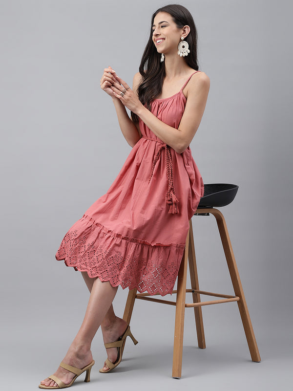Women Pink Cotton Flared Casual Western Dress