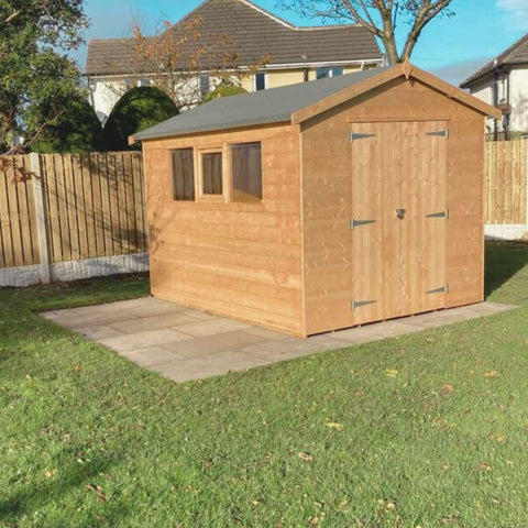 Large wooden workshop style shed with side opening window