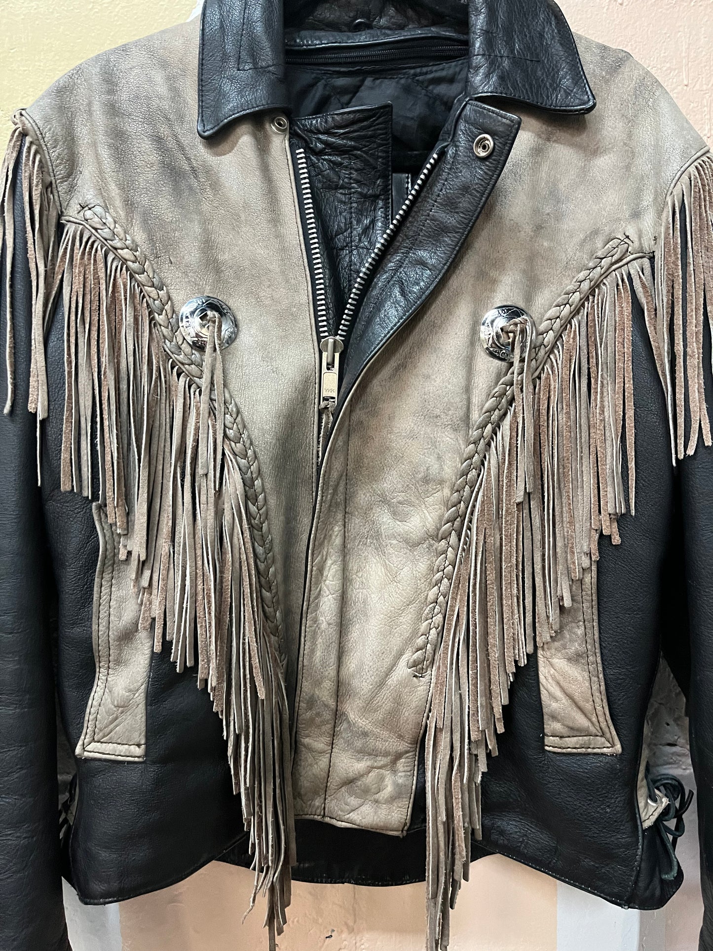 80’s Vintage Brown & Black Leather Fringe Concho Biker Moto Jacket / Size L