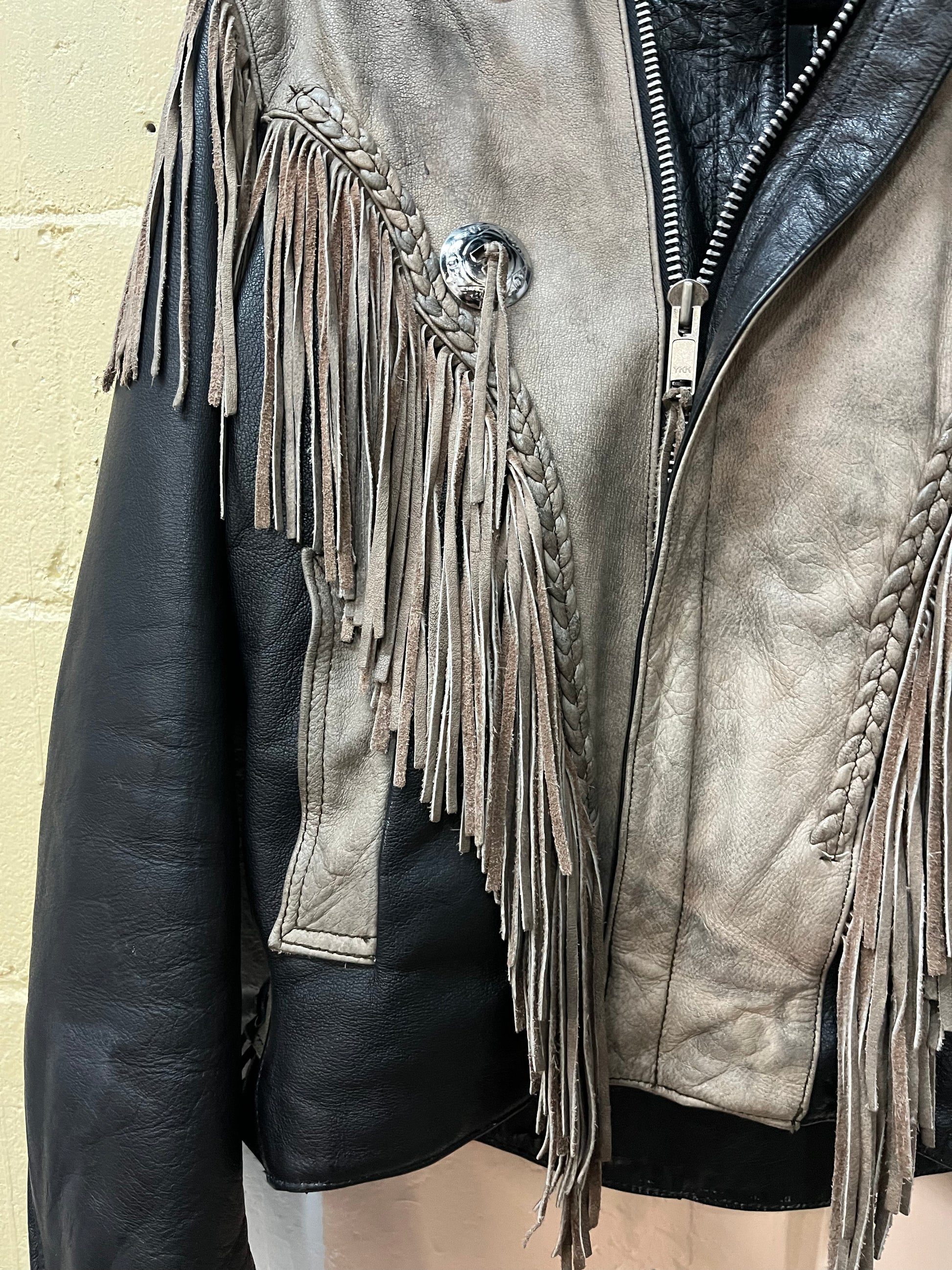 80’s Vintage Brown & Black Leather Fringe Concho Biker Moto Jacket / Size L