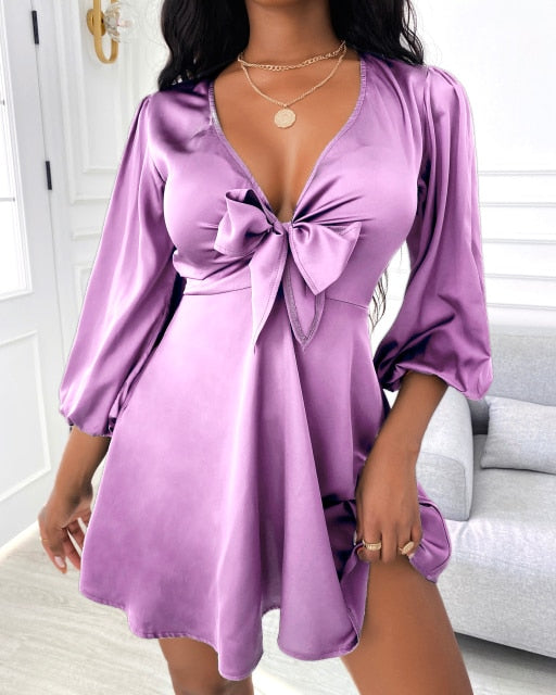 Solid Bow Party Casual Chic Sexy V Neck Dress