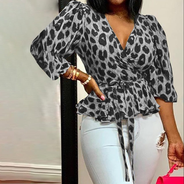 Sexy Deep V-Neck Leopard Print Belted Fashion Blouse