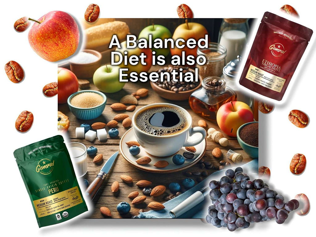 Diabetes-friendly coffee setup with balanced diet elements