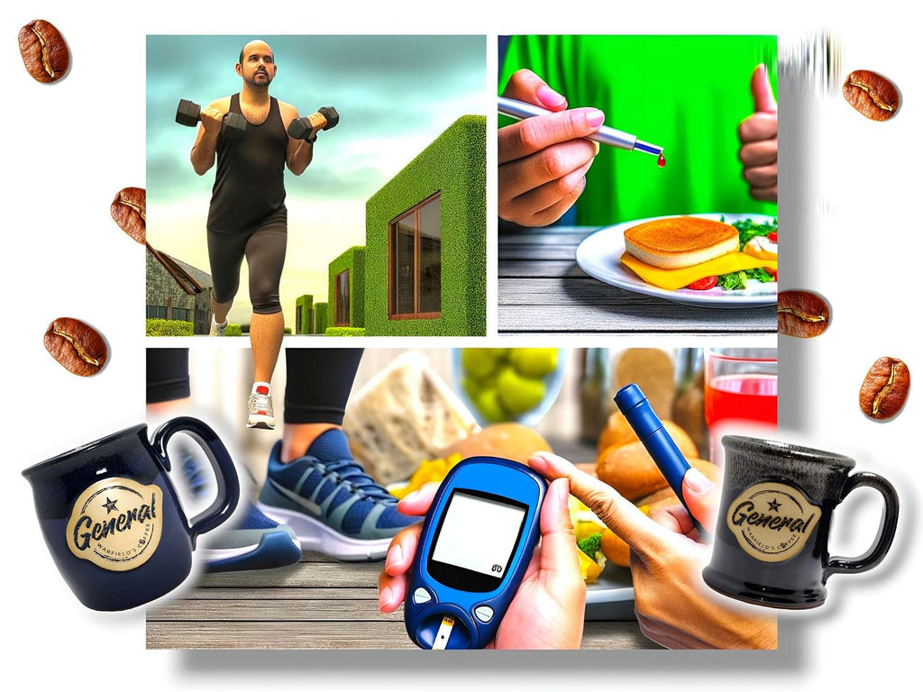 Realistic daily diabetes management showing exercise, healthy eating, and glucose monitoring