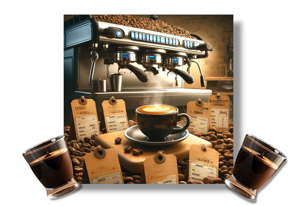 Specialty-grade coffee beans with labels, espresso machine brewing coffee with rich crema in high-end roastery