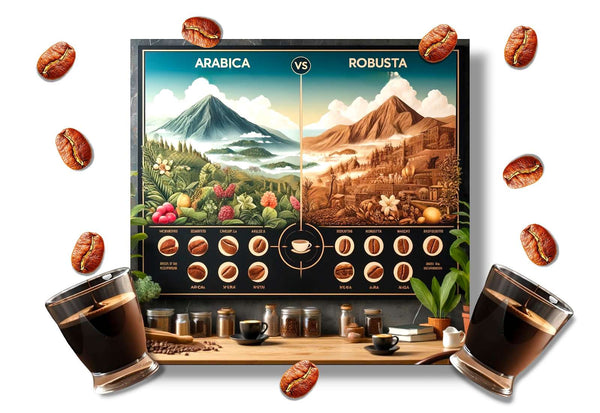 Arabica vs Robusta coffee beans comparison in espresso setting with mountainous and rugged terrain backdrops, highlighting flavor profiles