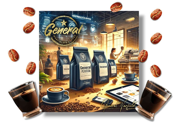 Stylish coffee shop interior displaying bags of General Warfield’s Coffee, with online shopping and barista interaction