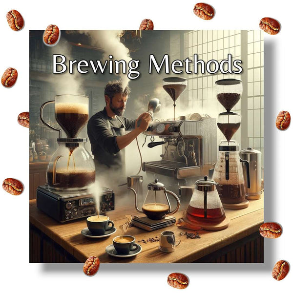 Barista using espresso machine, French press, and pour-over brewing methods in a coffee shop to extract robust flavors and caffeine from high-test coffee.