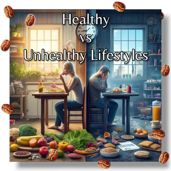 Contrasting healthy and unhealthy lifestyles, showing dietary choices and their impact on inflammation, with visual cues of health effects.