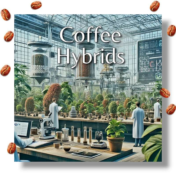 Scientists in lab coats analyzing Arabica coffee hybrids in a modern greenhouse, featuring advanced genetic research equipment and diverse coffee plant cultivars