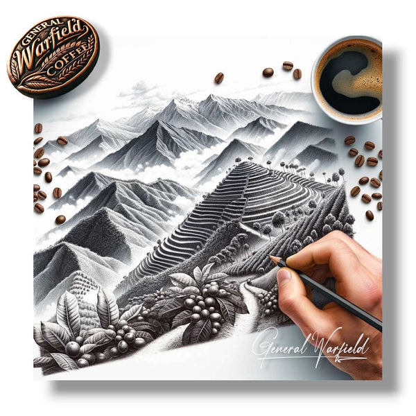 High-Mountain Majestic Coffee Landscape and Art with a Cup of Responsibly Sourced Arabica Coffee