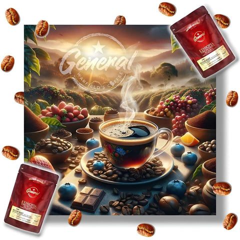 Cup of coffee with antioxidant-rich properties featuring tasting notes of chocolate, blueberries, and strawberries found in General Warfield’s Ethiopian Yirgacheffe single-origin whole bean coffee