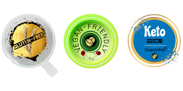 Gluten free, Vegan friendly and Keto friendly badges