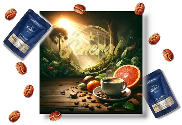 Medium Roast Colombian Coffee in coffee cup, featuring rich Brazil Nut, vibrant Grapefruit, and deep Oak flavors from High-Altitude Arabica beans.