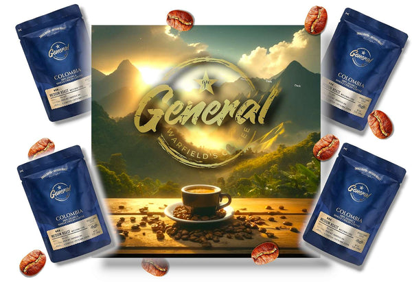 Medium Roast Colombian coffee with golden hued sunlight and mountain backdrop, capturing the essence of Colombian peaks.