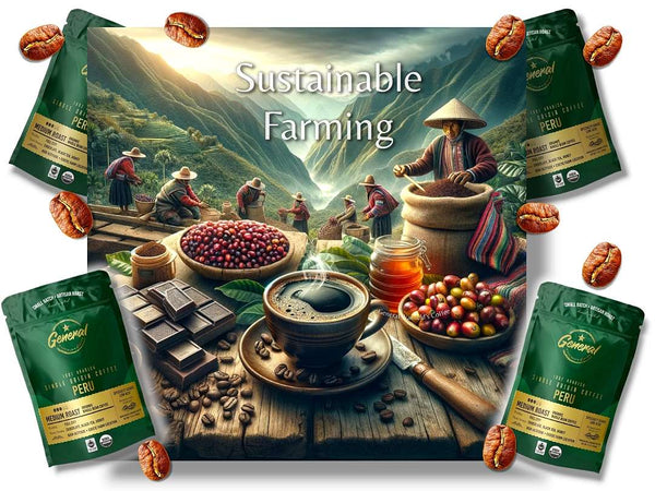Peruvian Single-Origin Coffee farm in the Andes, featuring traditional farmers hand-picking cherries and a close-up of a steaming coffee cup with dark chocolate, black tea, and honey.