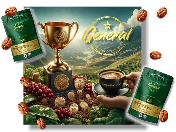 Fair Trade and organic certified Peruvian coffee farm in Cusco showing freshly brewed cup of organic golden cup award winning coffee and its accompanying first place trophy.