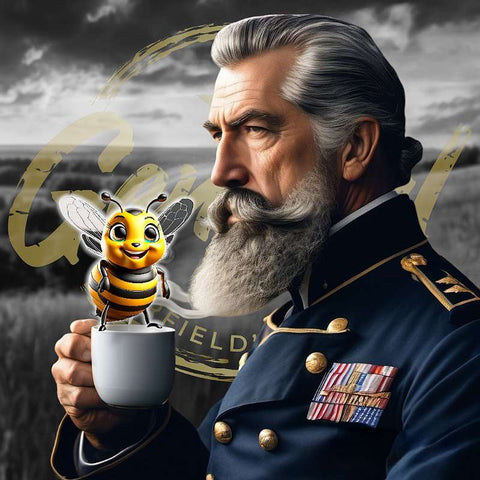 general Warfield's cup of specialty grade coffee with pollinating bee on cup
