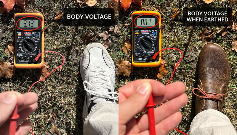 Earthing Lace Up Boots Voltage Meter Test versus Regular Rubber Soled Shoes Voltage Meter Test Image Showcasing That Grounding Works