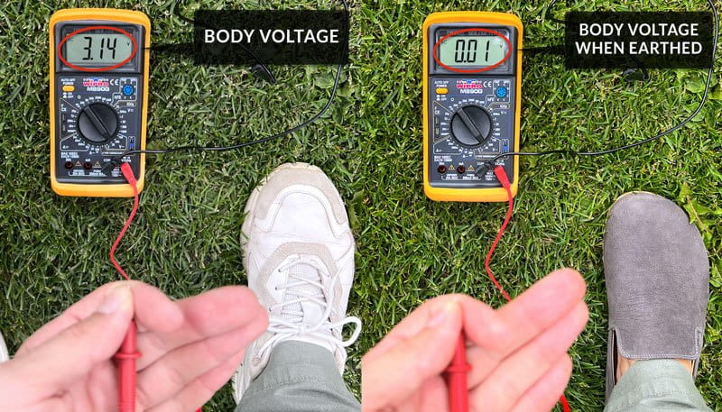 Earthing Shoes Voltage Meter Test versus Regular Rubber Soled Shoes Voltage Meter Test Image Showing That Grounding Works