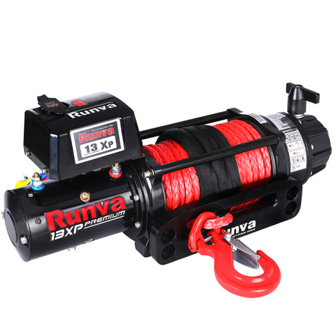 runva 13xp with red rope on an angle showing full winch on white background