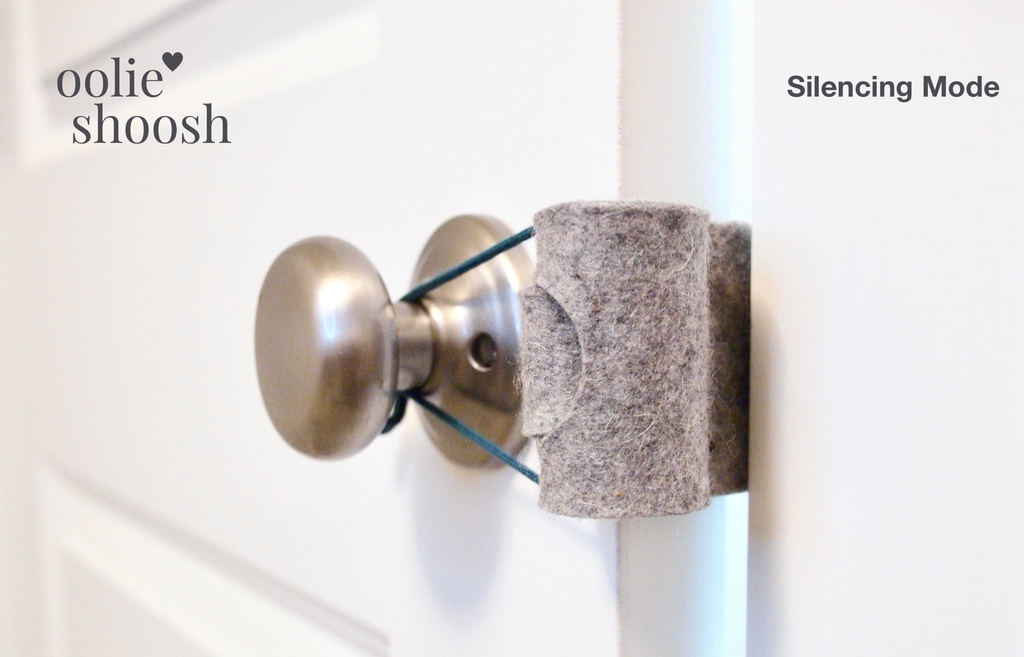 The Oolie Shoosh door silencer and safety bumper shown installed in Silencing Mode, which prevents the door latch from making any sound when the door is closed.