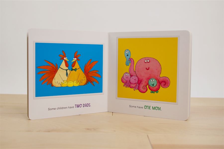 An interior spread from the book "All Kinds of Families," showing two father chickens sitting with their baby chicks on one page, and on the other, a single mom octopus with her babies