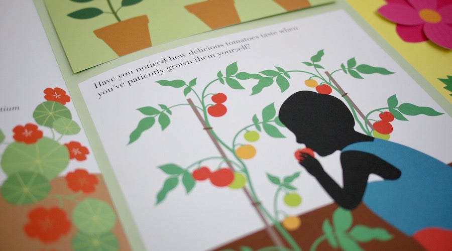 Detail view of illustrations in "In The Garden," a book by Emma Giuliani, showing a child harvesting tomatoes from the vine.