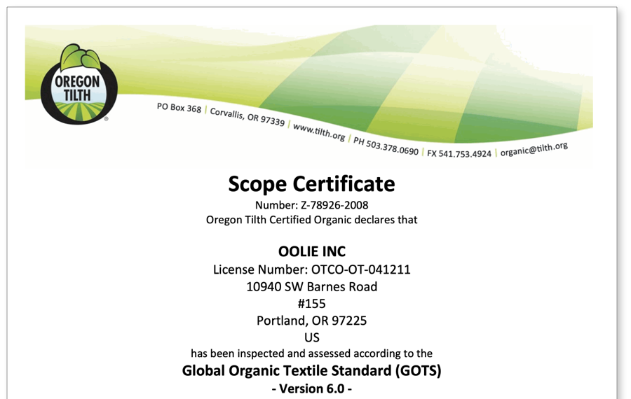 Excerpt of Oolie’s Scope Certificate for the Global Organic Textile Standard, demonstrating that Oolie earned organic product certification.