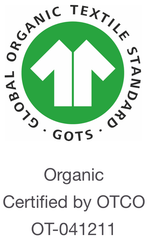 Logo for GOTS, or the Global Organic Textile Standard, showing a white garment on a green, circular background. This is followed by the text Organic, Certified by OTCO, and the license number OT-041211.