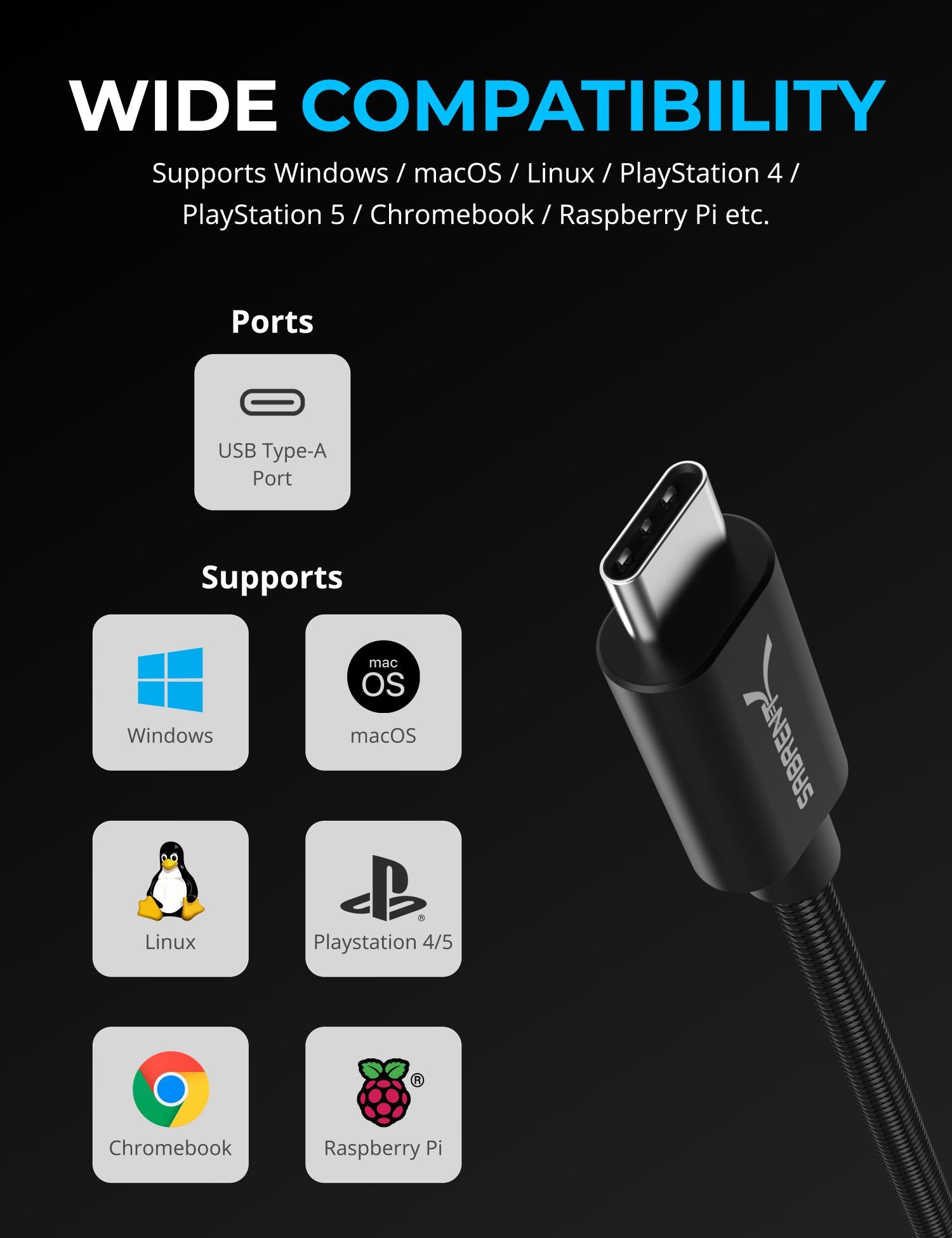 USB Type-C 3.5mm Audio Jack Adapter 20" Cable -