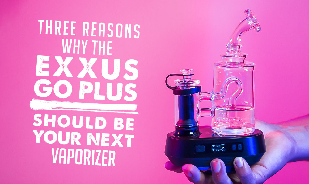 Tres razones por las que el Exxus go Plus debería ser su próximo vaporizador con Exxus Go Plus en la mano del hombre frente al fondo rosa del estudio