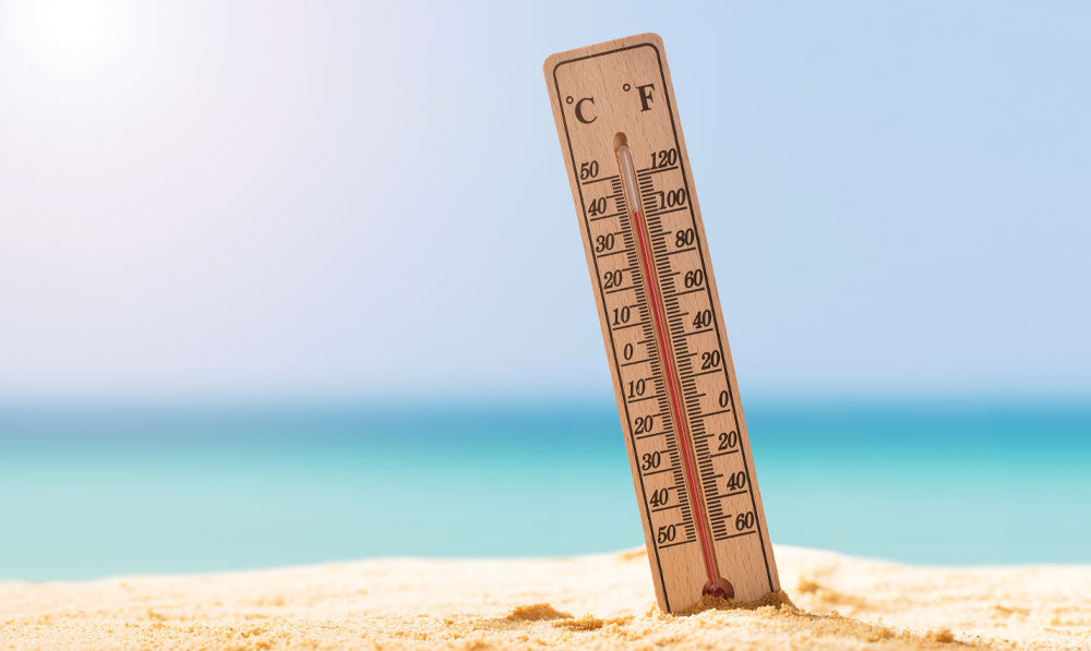 Wooden thermometer sticking out of sand on a hot beach day