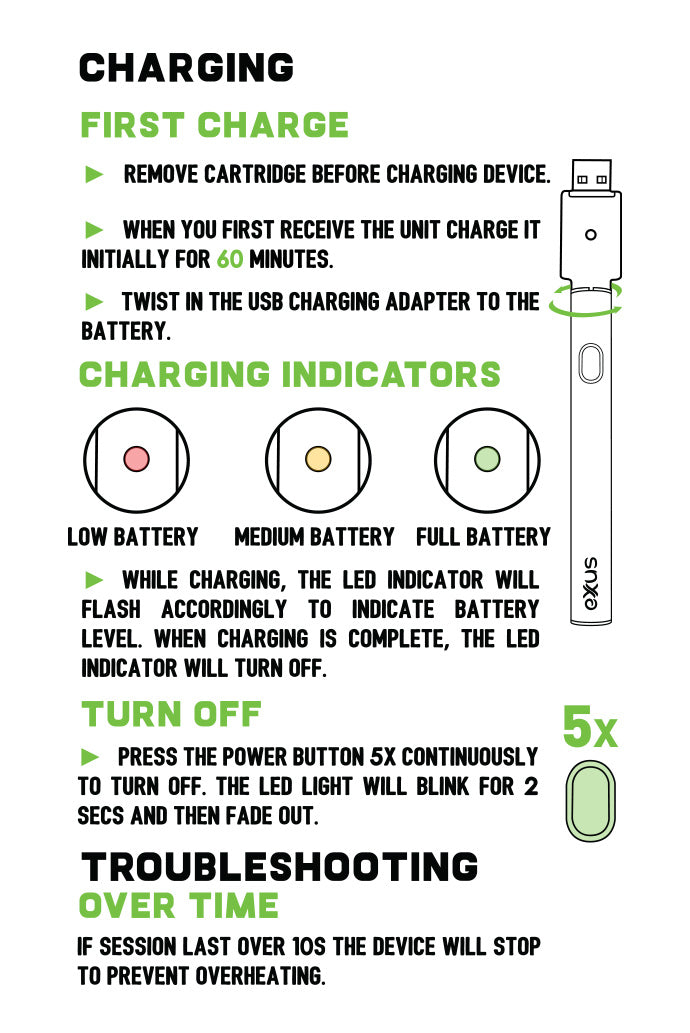 Charging and Troubleshooting the Exxus M3B Cartridge Vaporizer on white background