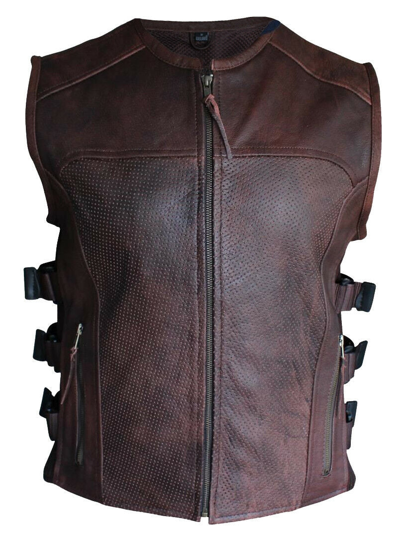 Brown Premium Perforated Leather Motorcycle Biker Vest Waistcoat