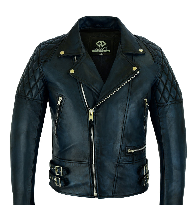 2 Toned Black & Blue Diamond Motorcycle Biker Soft Leather Jacket - Fashion