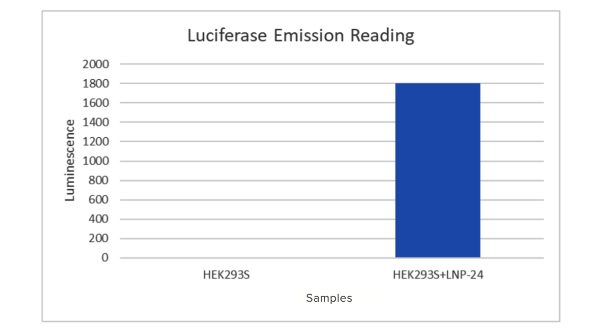 Figure 1: Luciferase emission measured in HEK293S cells transfected by PM-LNP-0024, checked by Promega: Steady G-10 Luciferase Assay System. Cells were lysed and luminescence monitored on luminometer instrument.