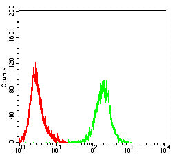 Figure 5:Flow cytometric analysis of Jurkat cells using CD273 mouse mAb (green) and negative control (red).