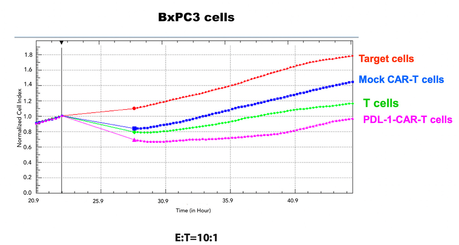 Figure 2. RTCA cytotoxicity activity of effector PDL-1-CAR-T cells against PDL-1- positive BxPC3 pancreatic cancer cells. Effector: Target cells ratio=10:1.