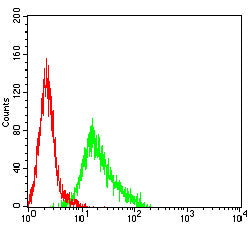 Figure 4:Flow cytometric analysis of THP-1 cells using FPR3 mouse mAb (green) and negative control (red).