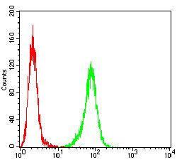 Figure 4:Flow cytometric analysis of Hela cells using HSP70 mouse mAb (green) and negative control (red).