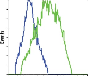 Figure 4: Flow cytometric analysis of HCC827 cells, untransfected (blue) or transfected with GFP (green), using GFP mouse mAb .