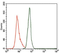 Figure 2: Flow cytometric analysis of MOLT4 cells using PPP1CC mouse mAb (green) and negative control (purple).