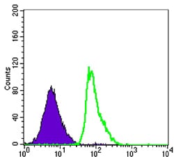 Figure 1: Flow cytometric analysis of Raji cells using FCER2 mouse mAb (green) and negative control (purple).