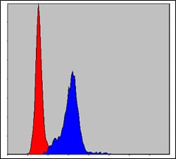Figure 6: Flow cytometric analysis of Hela cells using CRK mouse mAb (blue) and negative control (red).