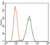 Figure 6: Flow cytometric analysis of Jurkat cells using GPC3 mouse mAb (green) and negative control (red).