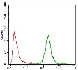 Figure 4: Flow cytometric analysis of NTERA-2 cells using CA9 mouse mAb (green) and negative control (red).